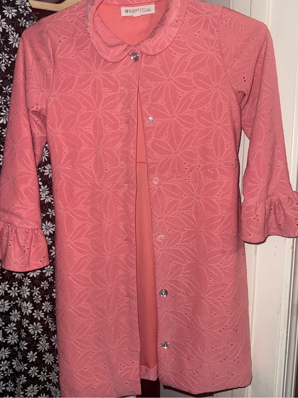 Nannette Coral Pink Eyelet Coat Dress with Peter Pan Collar